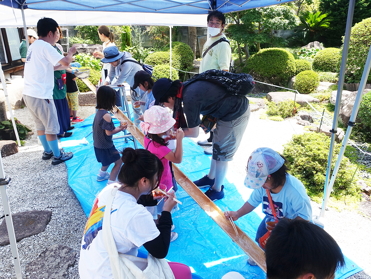 浄久寺の庭で流しそうめんを楽しむ子どもたち