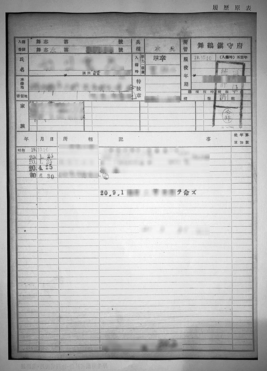 海軍の「軍歴証明書」（画像を一部処理しています）